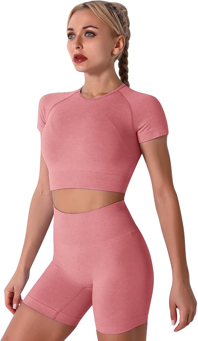 IMEKIS Women's Yoga Outfit Seamless Workout Set High Waist Exercise Shorts Pants with Sport Crop Top Bra 2PCS Gym Tracksuits