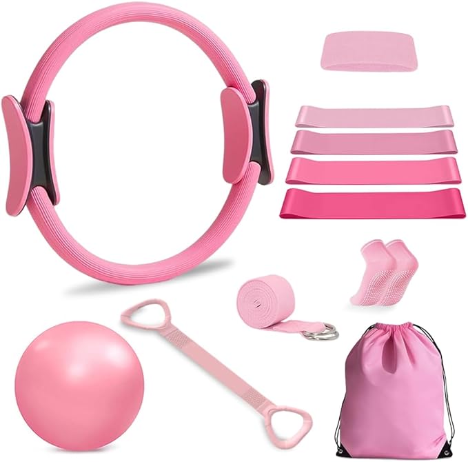 Yoga Starter Set - Home Pilates Essentials Kit with Ring, 10in Ball, and Resistance Bands for Women Workouts