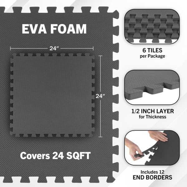 Stalwart Foam Mat Floor Tiles, Interlocking EVA Foam Padding Soft Flooring for Exercising, Yoga, Camping, Kids, Babies, Playroom – 6 Pack, Gray, 24" X 24" X 0.5"