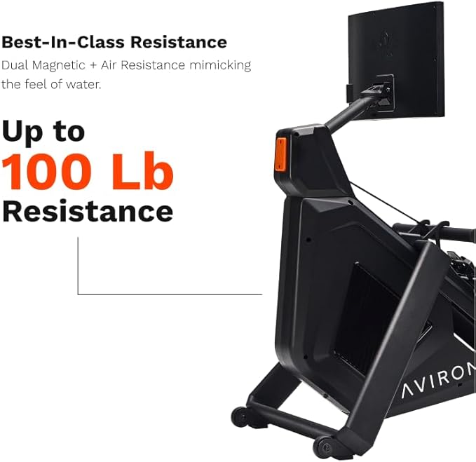 Aviron Strong Series Rower: 22" HD Touchscreen, Dual Air & Magnetic Resistance up to 100 lbs. Game-Based Workouts, Streaming, Compact Design, Black