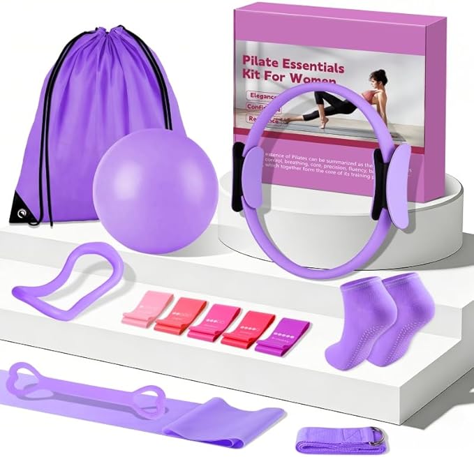 13/15Pcs Pilates Kit for Women, Pilates Equipment for Home Workouts with Magic Circle, Ball, Resistance Bands, Pilates Starter Set for Strength, Toning and Flexibility