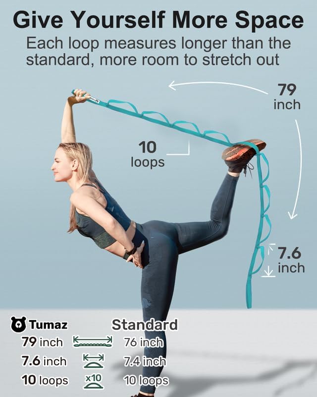 Tumaz Stretching Strap - 10 Loops & Non-Elastic Yoga Strap - Perfect Home Workout Stretch Strap for Physical Therapy, Yoga, Pilates, Flexibility