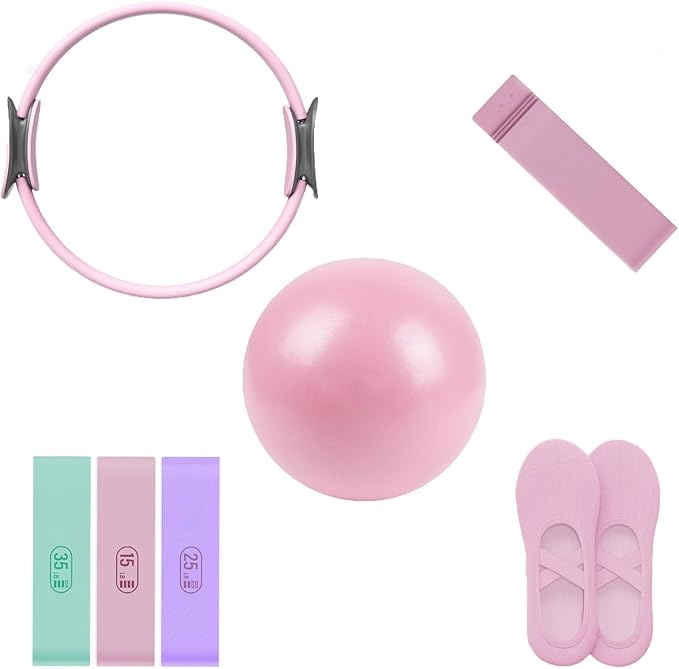 Pilates Ring Set, 14" Magic Circle, Long & Loop Resistance Bands, Soft Pilates Ball, Grip Socks,Puller, Home Workout Equipment for Women & Beginners to Tone, Flexibility & Core Strength