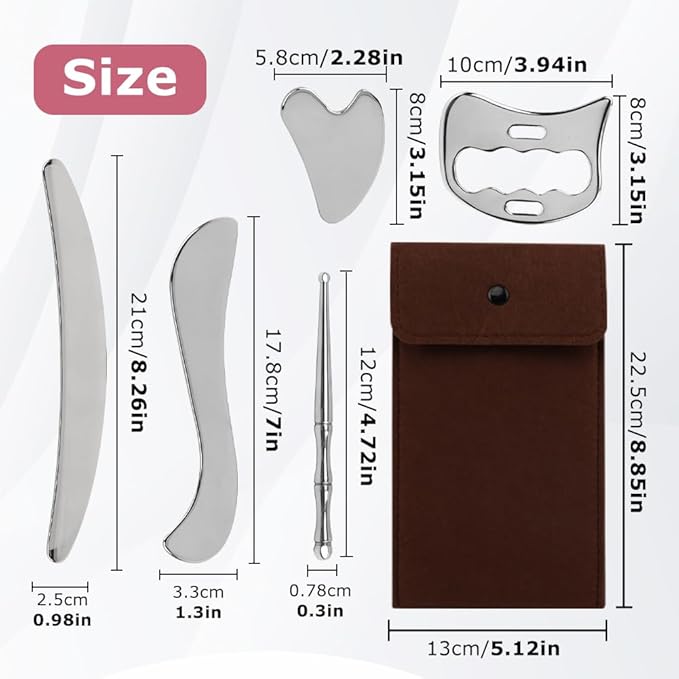 5-in-1 Stainless Steel Muscle Scraper Tool Set GuaSha Muscle Scraping Tools Set, Physical Massage Tools with Storage Case, Body Gua Sha Kit for Body Skin Massage