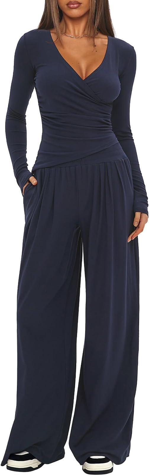 Womens 2 Piece Outfits Pilates Yoga Long Sleeve Tops Wide Leg Pants Sets Sexy Fashion Workout Outfits Casual Clothes