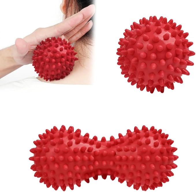 URAQT Spiky Massage Ball Set, 2 Pack Physical Therapy Massage Balls, Hard Lacrosse Ball & Spiky Massage Ball for Myofascial Release and Trigger Point Deep Tissue Massage (Red)