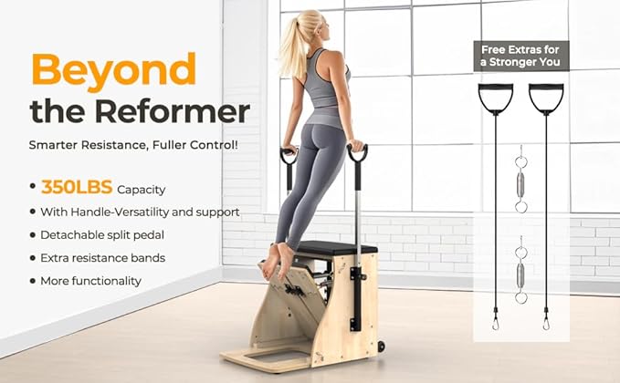 Pilates Chair with Handles, Upgrade Split Pedals & Resistance Bands - Professional Adjustable Fitness Chair for Home, Studio & Gym Use - Customizable Resistance Levels