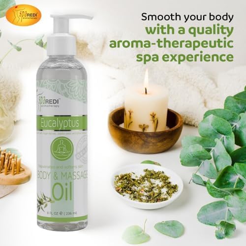 SPA REDI - Massage Oil, Eucalyptus, 8 Oz - Professional Full Body Massage Therapy, Manicure, Pedicure - Relax Sore Muscles and Repair Dry Skin, Enhanced with High Absorption Oils and Vitamin E