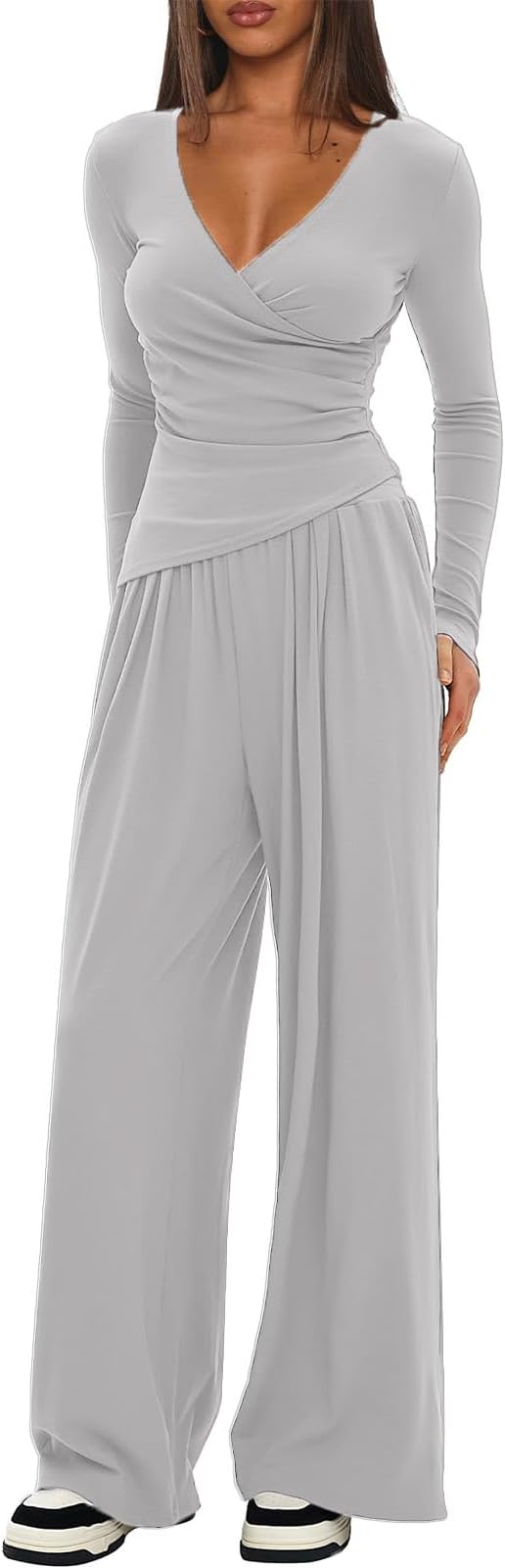 Womens 2 Piece Outfits Pilates Yoga Long Sleeve Tops Wide Leg Pants Sets Sexy Fashion Workout Outfits Casual Clothes