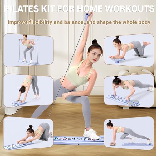 Foldable Pilates Board with Mat, Bar, Slider & Resistance Bands - Portable Reformer Machine Kit for Home, Gym & Office Workouts - Multifunctional Equipment for Women