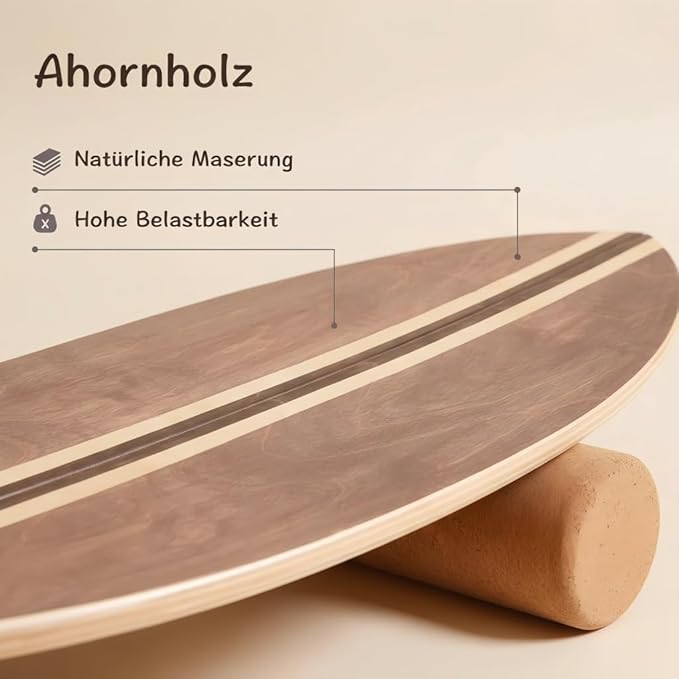Maple Wood Balance Board with Roller and Half Ball Accessories - Dual-Mode Balance Trainer for Adults, Home Gym & Office Use, Surfboard Shape Design(31.5 x 11.8in)