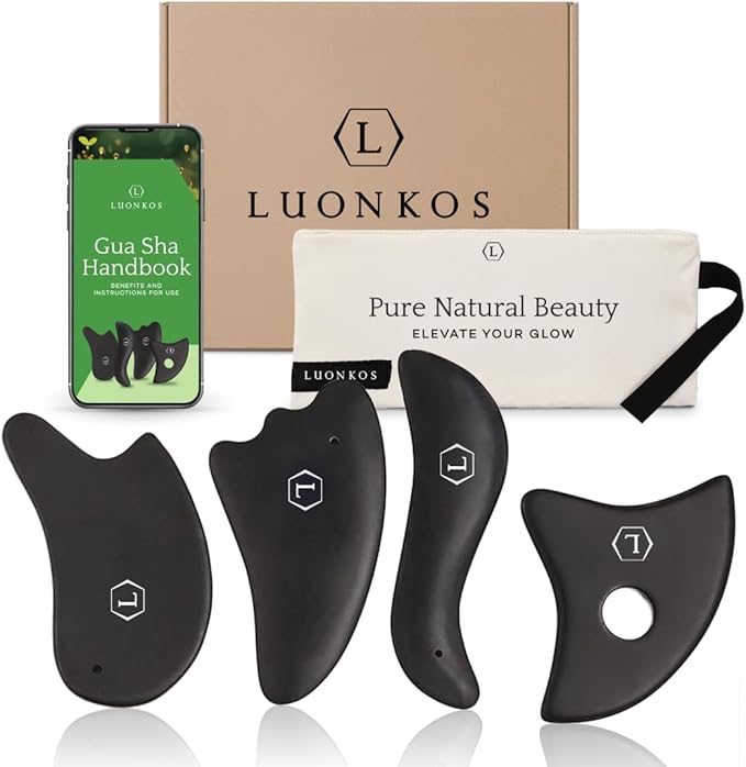 LUONKOS Gua Sha Facial Tools - Set of 4 Black - Large Bian Stone Guasha Tool for Face Sculpting - Lymphatic Drainage Massager with Polished Edges Glide Effortlessly for Daily Skincare Routine