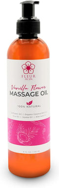 Massage Oil 8oz Pump by FLEUR DE SPA – Luxurious Therapeutic Body Oil – Made in USA – Safflower & Organic Coconut with Acai Berry – Soothes Sore Muscles, Relieves Stiffness, Anti-Cellulite