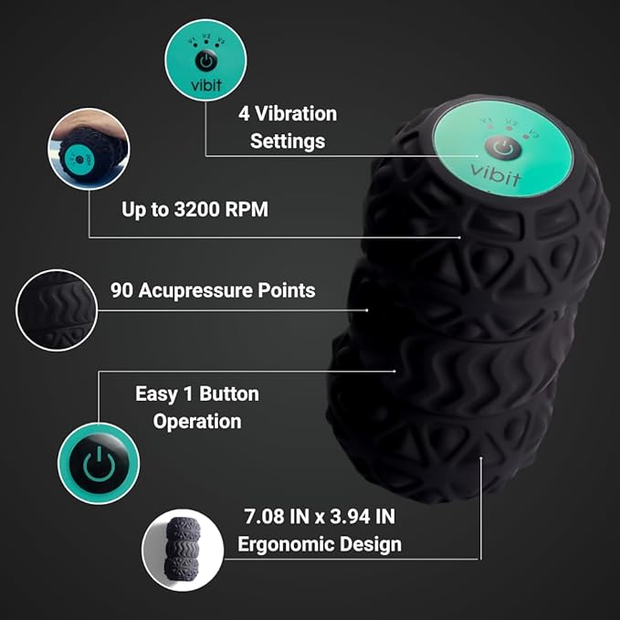 Vibit - Vibrating Massager for Plantar Fasciitis, Pain Relief and Sciatica, Foot and Body Portable Massage Roller, Deep Tissue Pain Relief from Feet to Neck, Electric, 3 Vibration Levels (Black)