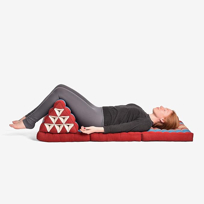 Zafuko Three-Fold Thai Cushion - Burgundy/Orange - Organic Water-Resistant Kapok Filling, Multi use Including meditaiton, Lounging, Reading, Stretching.