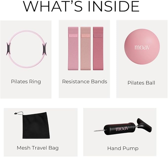 MOAV Premium Pilates Essentials Kit - 14" Ring with Cushioned Handles, Mini Ball with Pump, & 3 Durable Fabric Resistance Bands for Full Body Home Workouts