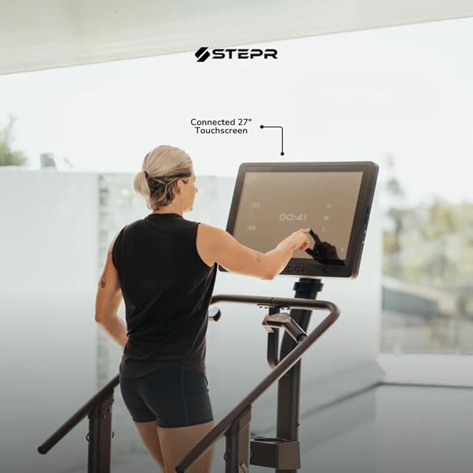 STEPR+ Stair Master with 27" Touchscreen, Commercial Grade Stairmaster Machine for Home, 140 Steps/Min, Bluetooth & WiFi Stepper Machine, Resistance Band Attachments, Mobile App, 375 lb Capacity