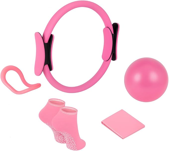 Home Pilates Workout Set for Women, Magic Circle Ring with Mini Ball, Stretch Loop Band, Workout Towel and Grip Socks, Valentine’s Day Gift for Her