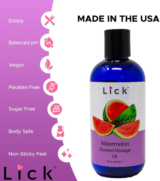 Lick Watermelon Flavored Massage Oil – Fresh Fruity Edible Massage Oil with Vitamin E, Smooth Non-Sticky Glide for Playful Couples Massage & Date Nights, 8 oz