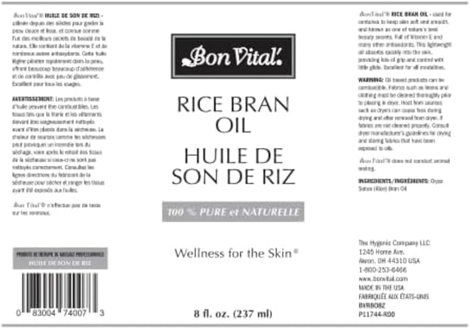 Bon Vital' Rice Bran Oil, 100% Pure and Cold Pressed Carrier Oils for Diffusers, Professional Massage Oil, Best Beauty Secret for Soft & Smooth Skin, Moisturizer & Sore Muscle Relief, 8 Ounce Bottle