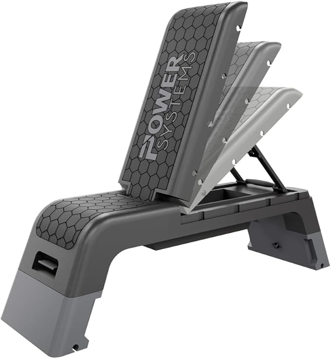 Power Systems Step Bench & Weight Bench | Aerobic Platform & Plyo Box for Cardio, Strength | Commercial Grade Full Body Home Gym Stepper with Adjustable Multifunctional Deck & Resistance Band Clips