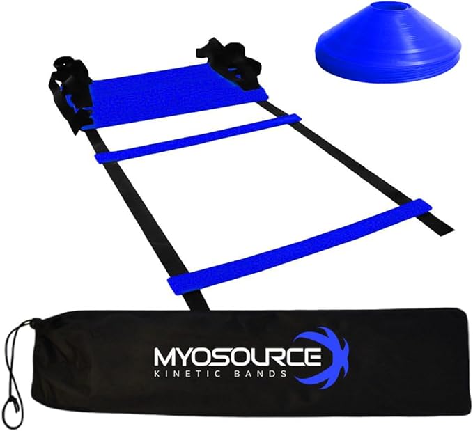 Myosource Kinetic Bands Quick Step Speed & Agility Training Ladder Plus 16 Training Cones - 15 feet Long 20 inches Wide 11 Detachable Rungs All Sports and Fitness Training (Blue Ladder & Cones)