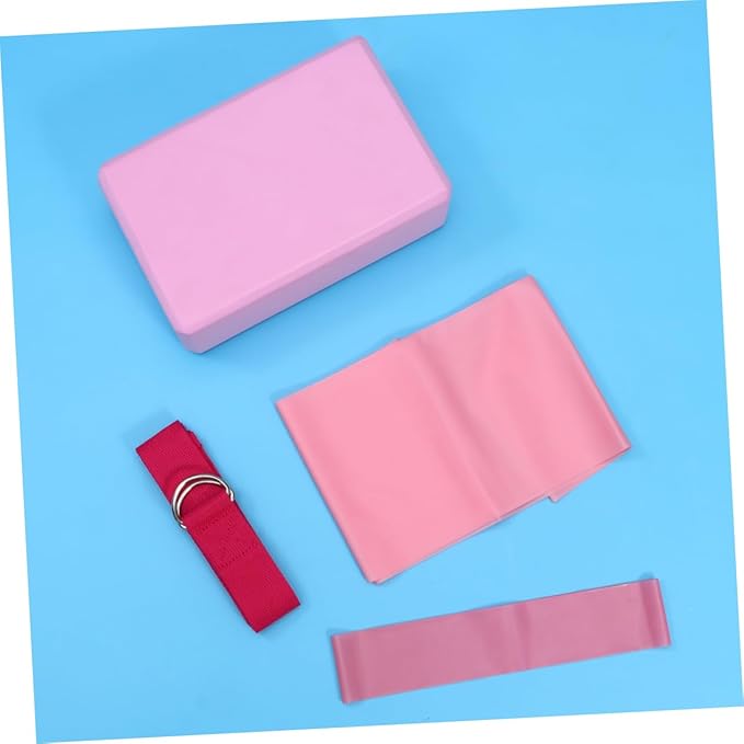POPETPOP 1Set Yoga Tool Kit Includes Yoga Brick Resistance Ring Stretch Band and Towel Lightweight and Durable Fitness Accessories for Home Gym Pink Color