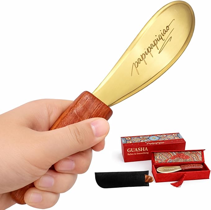 Copper Brass Gua Sha Muscle Scraper Tool with Wooden Handle – H62 Brass IASTM Soft Tissue Massage Tool for Fascia Release & Scar Tissue Relief – Deep Tissue Scraping Tool for Back & Body