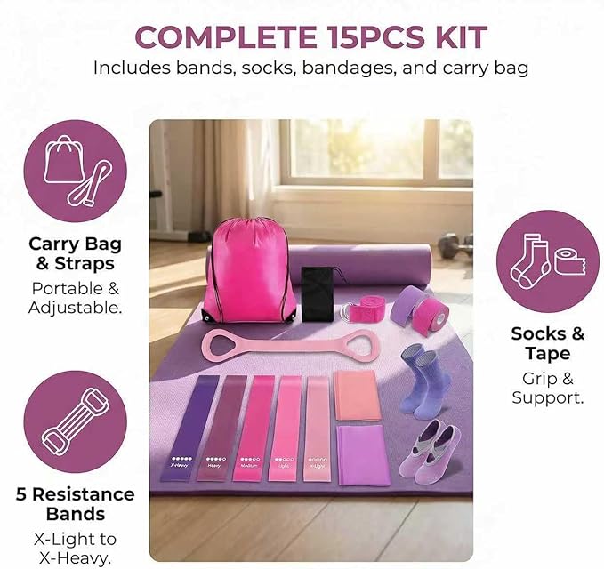 Pilates Kit for Home Workouts,15 Pcs Pilates Equipment Set for Women with Resistance Bands Yoga Socks Muscle Bandage