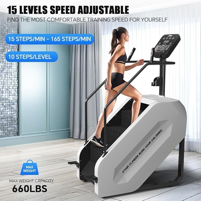 Stair Climber with LED Screen, Commercial Grade Stepmill Exercise Machine, 15 Speed Levels Stair Climber Stepping Machine for Cardio and Lower Body Workouts, 660LBS, 15-164 Steps/Minute
