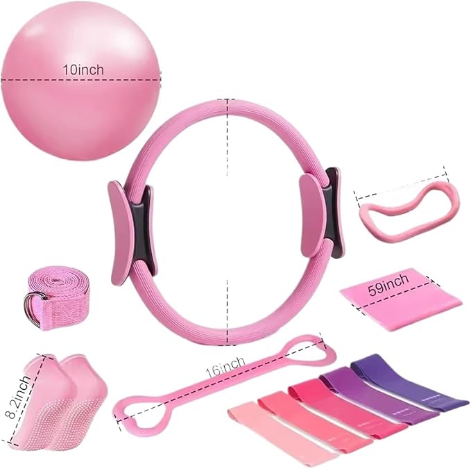 13 Piece Pilates Yoga Set for Women, Home Gym Workout Kit with Resistance Bands, Ankle Weights, Pilates Ring & Loop Bands, Toning Fitness Essentials Starter Accessories(Pink)