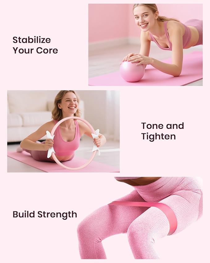 Pilates Ring Set for Women, Home Workout Pilates Equipment with Resistance Bands, 14'' Magic Circle, Mini Ball, Pilates Starter Kit for Strength, Toning and Flexibility