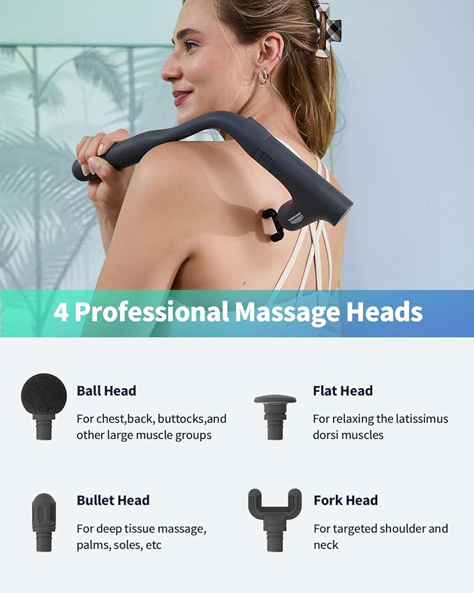 3-in-1 Detachable Massage Gun Deep Tissue, Ergonomic Extension Handle Back Massager for Pain Relief, Portable Percussion Muscle Massager for Shoulder, Thigh, Waist & Neck, FSA-HSA Eligible