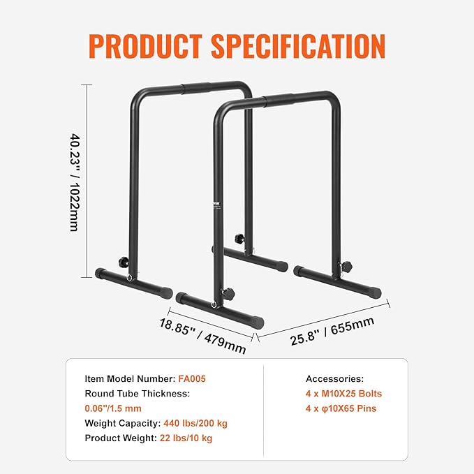 VEVOR Dip Bars, 440 lbs Capacity, Heave Duty Dip Stand Station with Adjustable Height, Fitness Workout Dip Bar Station Stabilizer Parallette Push Up Stand, Parallel Bars for Strength Training Home Gym