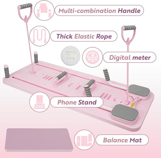 Pilates Board Workout Set for Home Gym, Foldable Pilates Reformer Board with Resistance Bands, Pilates Ring & Ball, Core Glutes Full Body Training Equipment