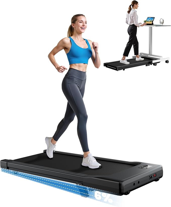 DeerRun Under Desk Walking Pad Treadmill for Home & Office, 6% Manual Incline, 2.5 HP, 0.6–3.8 MPH Walking Speed, 300 lb Capacity, App & Remote Control