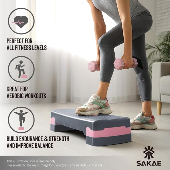 SAKAE Step Aerobics Platform Set with Dumbbells & Measuring Tape, Aerobic Steppers for Exercise at Home, Adjustable Height 2 Level Risers Workout Step Trainer with Non-Slip Surface, Multiple Colors