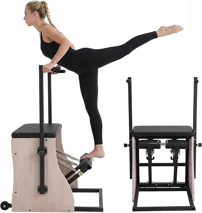 Generic Oak Wood Pilates Chair Split-Pedal Stability Combo Chair with Resistance Bands Handles and Split Pedals for Compact Home Gym Equipment Full-Body Workout