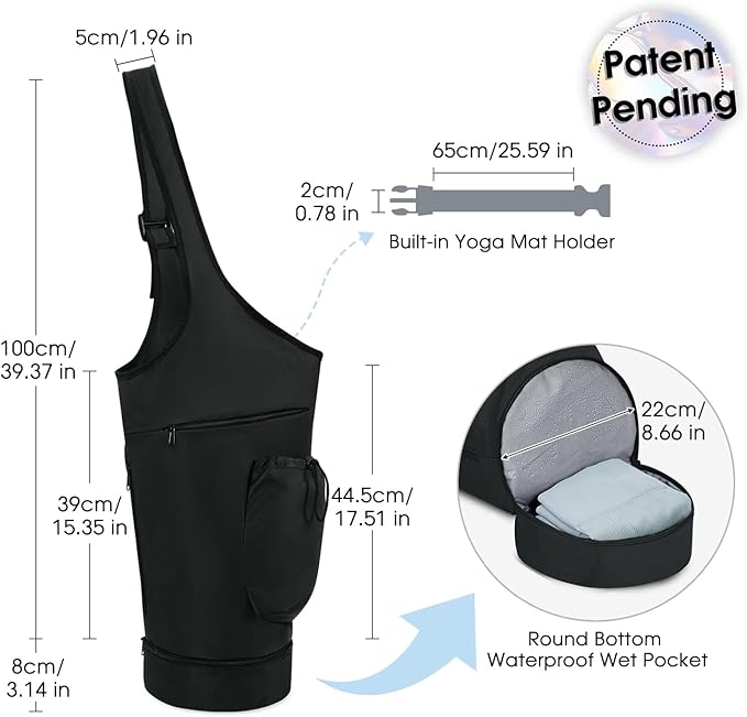 sportsnew Yoga Mat Bag, Large Opening Long Tote Yoga Mat Carrier Holder Bag with Waterproof Wet Pocket and Drawstring Water Bottle Pocket, Adjustable Shoulder Strap Storage Bag, patent pending