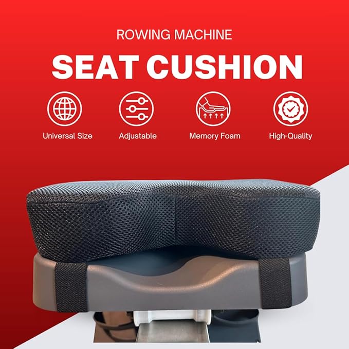 TreadLife Fitness Universal Rowing Machine Seat Cushion | Designed for Concept 2 Rowing Machines, Compatible with All Rowers | Extra Thick 3" Memory Foam with Adjustable Strap Black