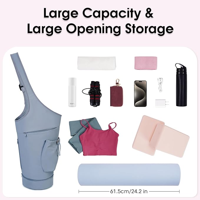 sportsnew Yoga Mat Bag, Large Opening Long Tote Yoga Mat Carrier Holder Bag with Waterproof Wet Pocket and Drawstring Water Bottle Pocket, Adjustable Shoulder Strap Storage Bag, patent pending