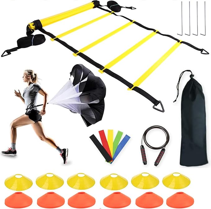 Agility Ladder – Speed Ladder Soccer Football Athletic Fitness Kit | Jump Rope Parachute Discs Belt Basketball Exercise Workout Coordination Endurance Training Tools