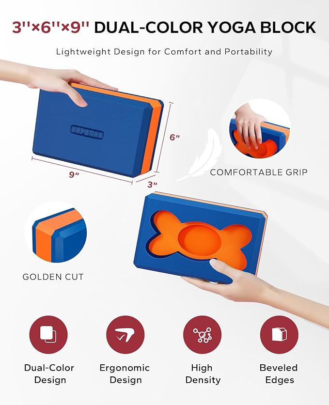 HAPBEAR Yoga Blocks 2 Pack - 9x6x3in High-Density EVA Foam with Non-Slip Textured Surface, Supportive for Deep Stretching & Lightweight - Ideal for Yoga, Pilates, Stretching Exercises