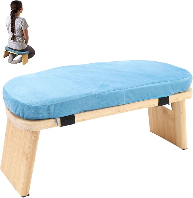 Wooden Meditation Bench, Ergonomic Detachable Kneeling Stool with Soft Cushion for Yoga and Meditation, Minimalist Design Home Use (Blue)