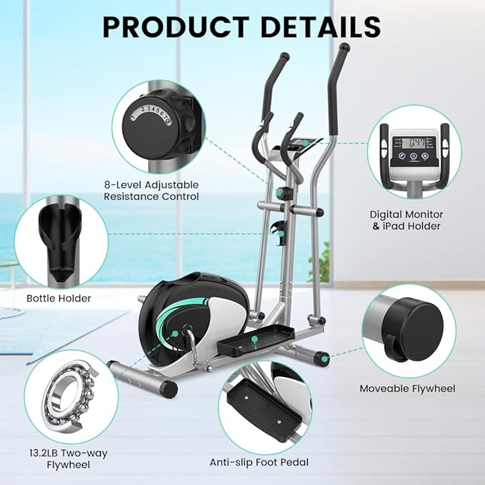 Dripex Elliptical Exercise Machine, Hyper-Quiet Elliptical Machine for Home, Magnetic Elliptical Training Machines with 8-Level Resistance, 6KG Flywheel, Pulse Sensor, LCD Monitor