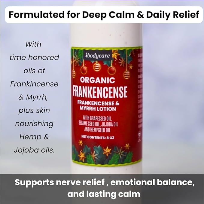Frankincense and Myrrh Organic Hand, Body and Massage Lotion, Holiday Christmas Gifts, Holiday Hand Cream, Christmas Gifts for Coworkers, Stocking Stuffer, Self Care, Massage and Sp