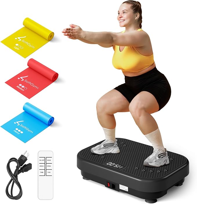 SoftGym Vibration Plate Exercise Machine for Lymphatic Drainage,Power Vibrate Stand Shake Board 450 Lbs Capacity Whole Body Workout Waver with Resistance Bands Weight Loss Gifts for Women Men-Black