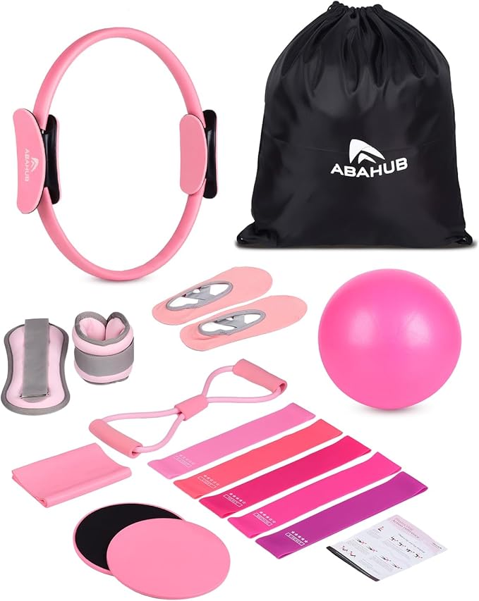 Abahub Pilates Ring Set, Home Workout Pilates Equipment, 14”Magic Circle, Yoga Ball, Resistance Bands, Sliding Disks, Socks, Fascial Ball, Workout Guide & Bag, Blue Set