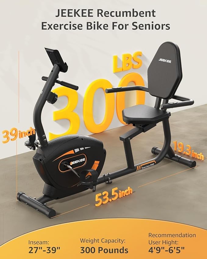 JEEKEE Recumbent Exercise Bike for Seniors,Stationary Bikes for Home, 400LB Capacity & 16 Levels Magnetic Resistance, Heart Rate Handle