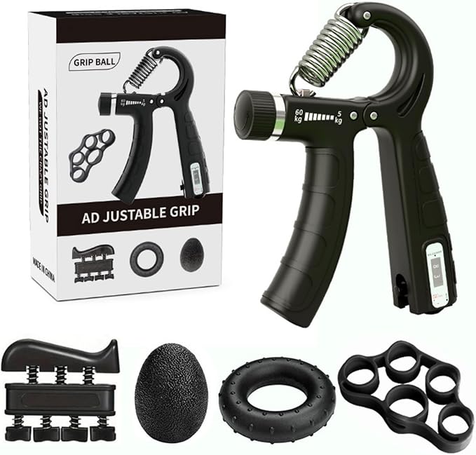 5-in-1 Adjustable Grip Strength Trainer Set, 5-60kg Resistance Hand Gripper + Finger Exerciser + Grip Ball, Hand Strength Training Equipment for Fitness/Rehabilitation/Office Relaxation